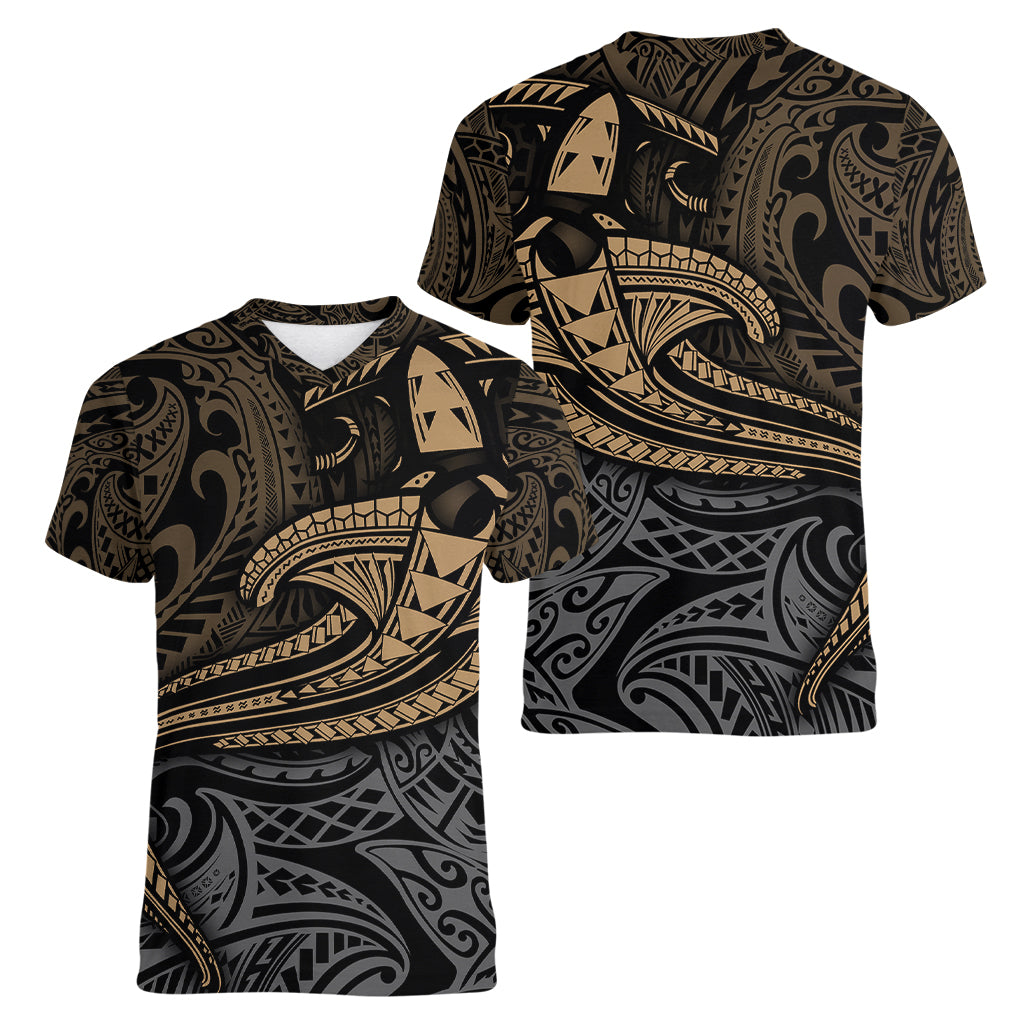 Polynesian Women V Neck T Shirt Hammerhead Shark Tribal Pattern TS04 - Polynesian Pride