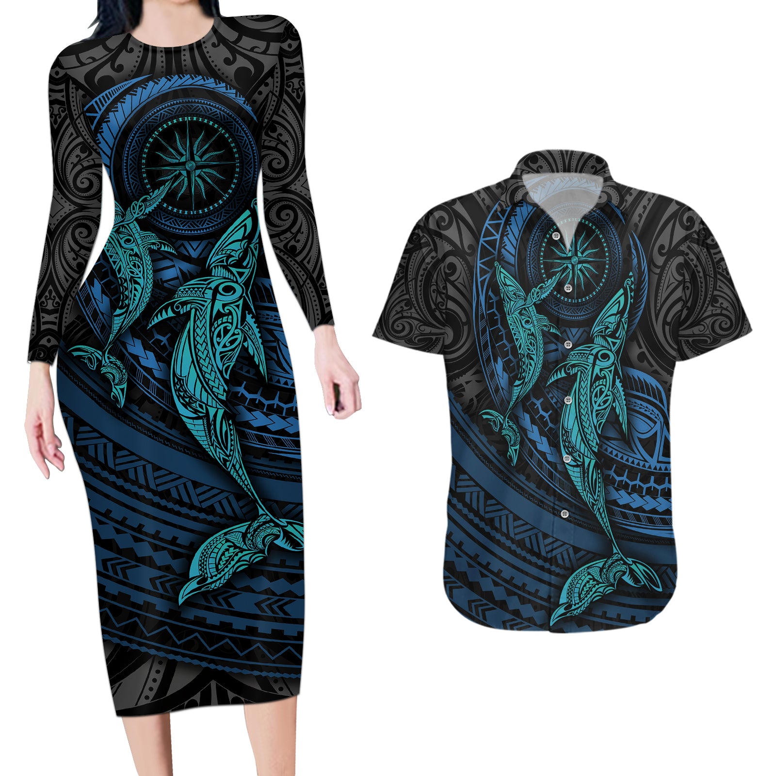 Polynesian Whale Couples Matching Long Sleeve Bodycon Dress and Hawaiian Shirt TS04 Black/Cyan - Polynesian Pride