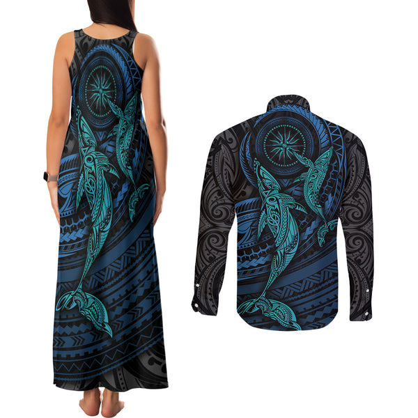 Polynesia Long Sleeve Button Shirt Whale Tale and Polynesian Sunset Plumeria Rainbow LT9