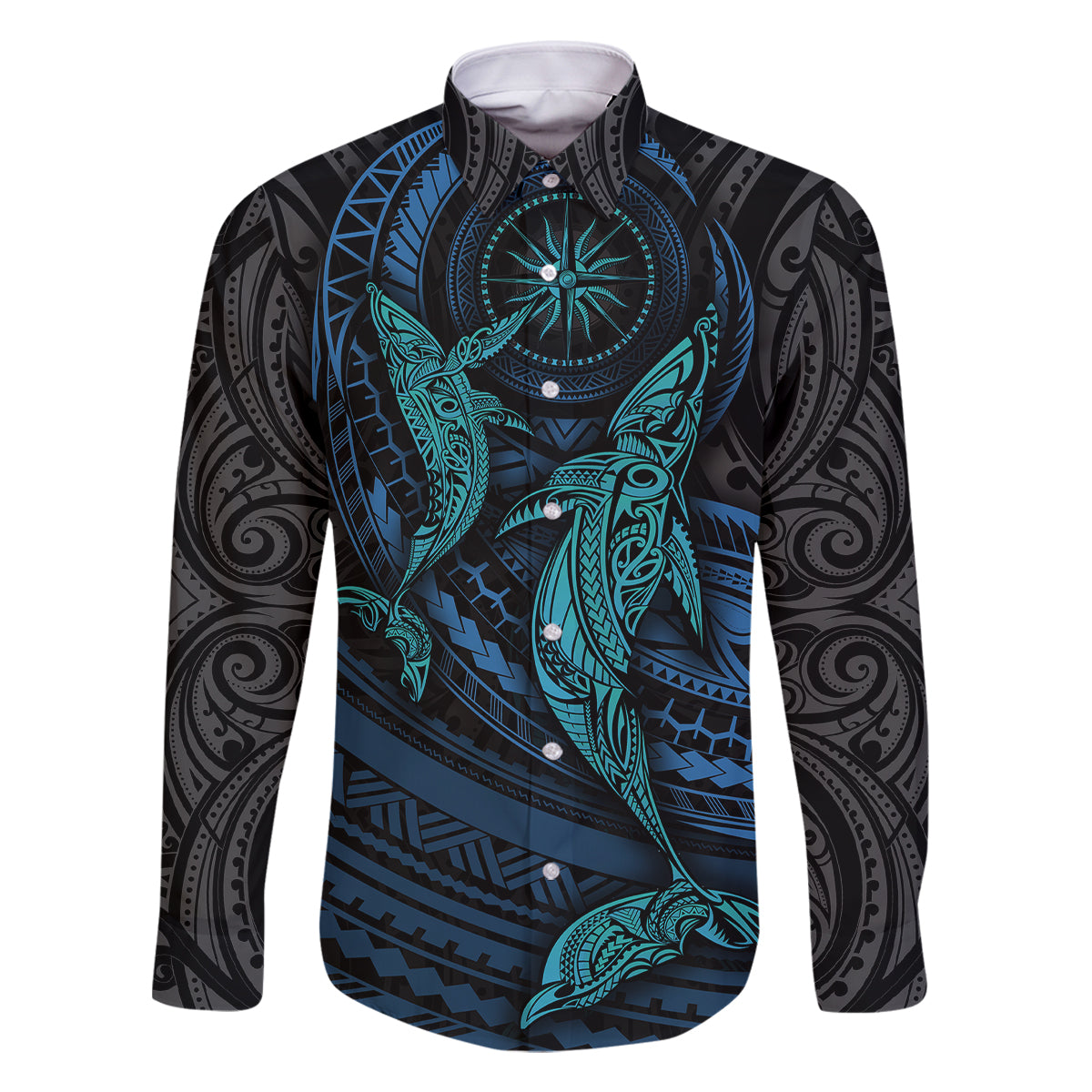 Polynesian Whale Family Matching Long Sleeve Bodycon Dress and Hawaiian Shirt TS04 Dad's Shirt - Long Sleeve Black/Cyan - Polynesian Pride