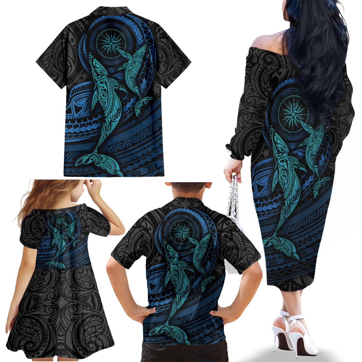 Polynesian Whale Family Matching Off Shoulder Long Sleeve Dress and Hawaiian Shirt TS04 - Polynesian Pride