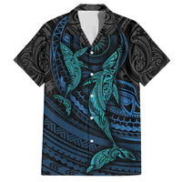 Polynesian Whale Family Matching Short Sleeve Bodycon Dress and Hawaiian Shirt TS04 Dad's Shirt - Short Sleeve Black/Cyan - Polynesian Pride
