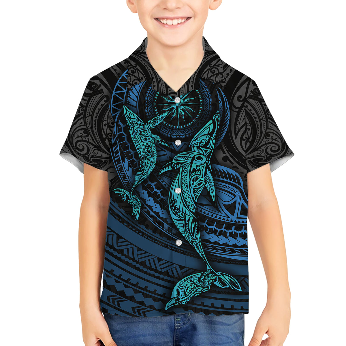 Polynesian Whale Family Matching Short Sleeve Bodycon Dress and Hawaiian Shirt TS04 Son's Shirt Black/Cyan - Polynesian Pride