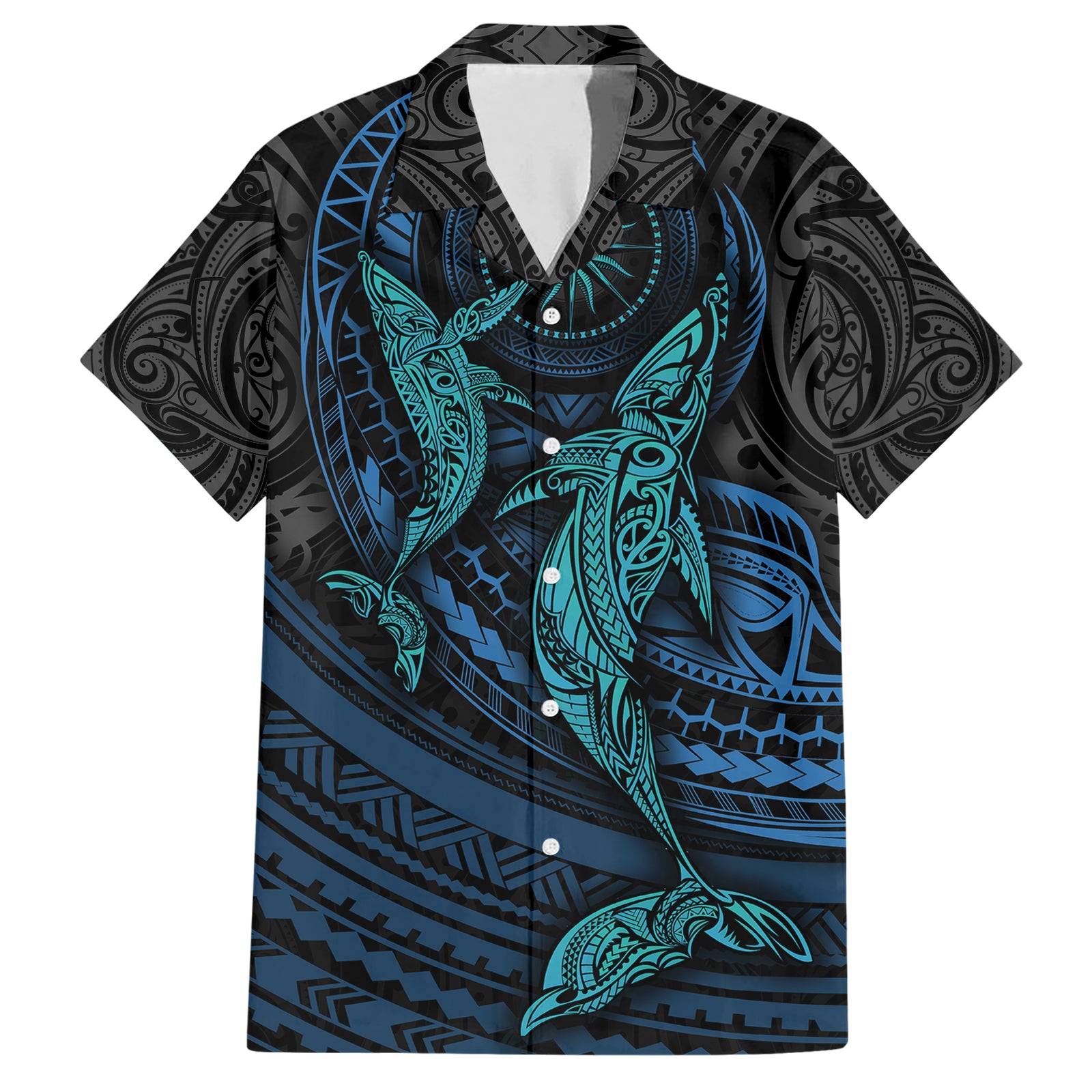 Polynesian Whale Hawaiian Shirt TS04 Black/Cyan - Polynesian Pride