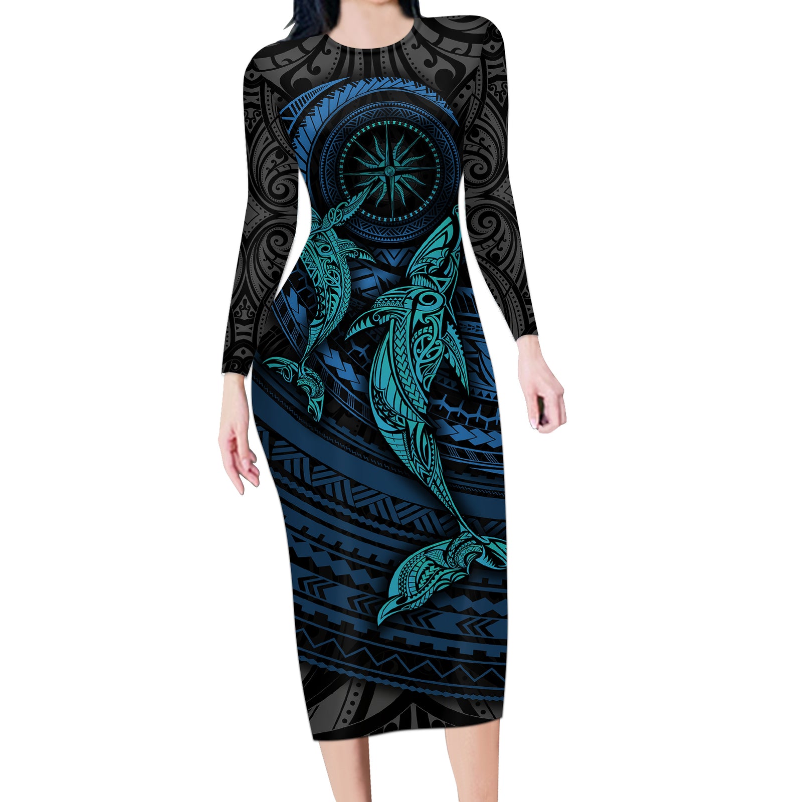 Polynesian Whale Long Sleeve Bodycon Dress TS04 Long Dress Black Cyan - Polynesian Pride