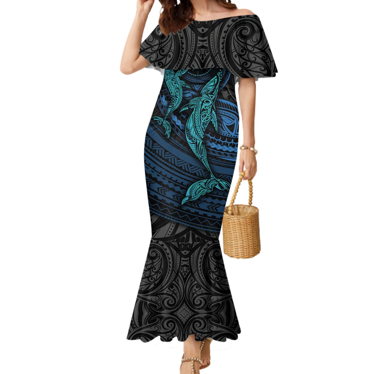 Polynesian Whale Mermaid Dress TS04 Women Black Cyan - Polynesian Pride