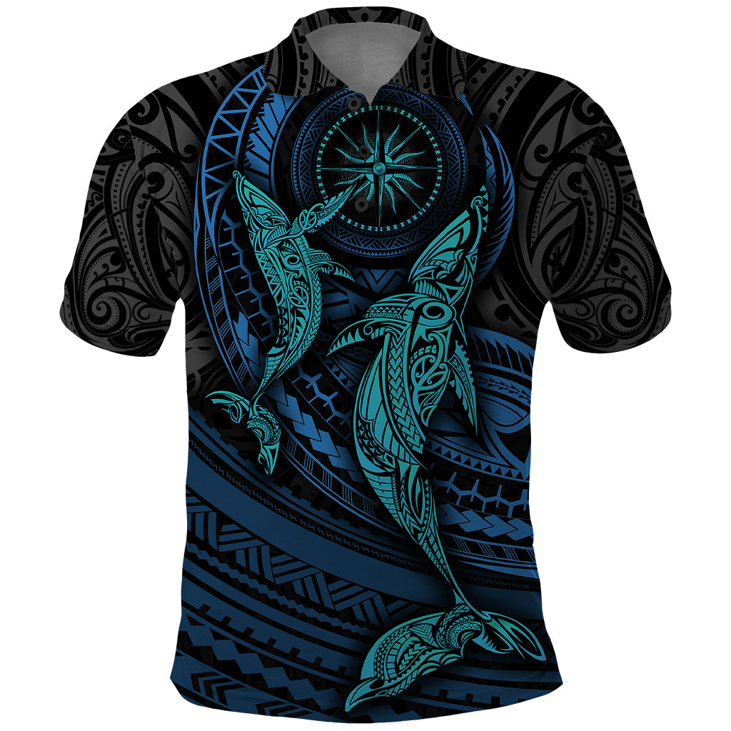 Polynesian Whale Polo Shirt TS04 Black/Cyan - Polynesian Pride