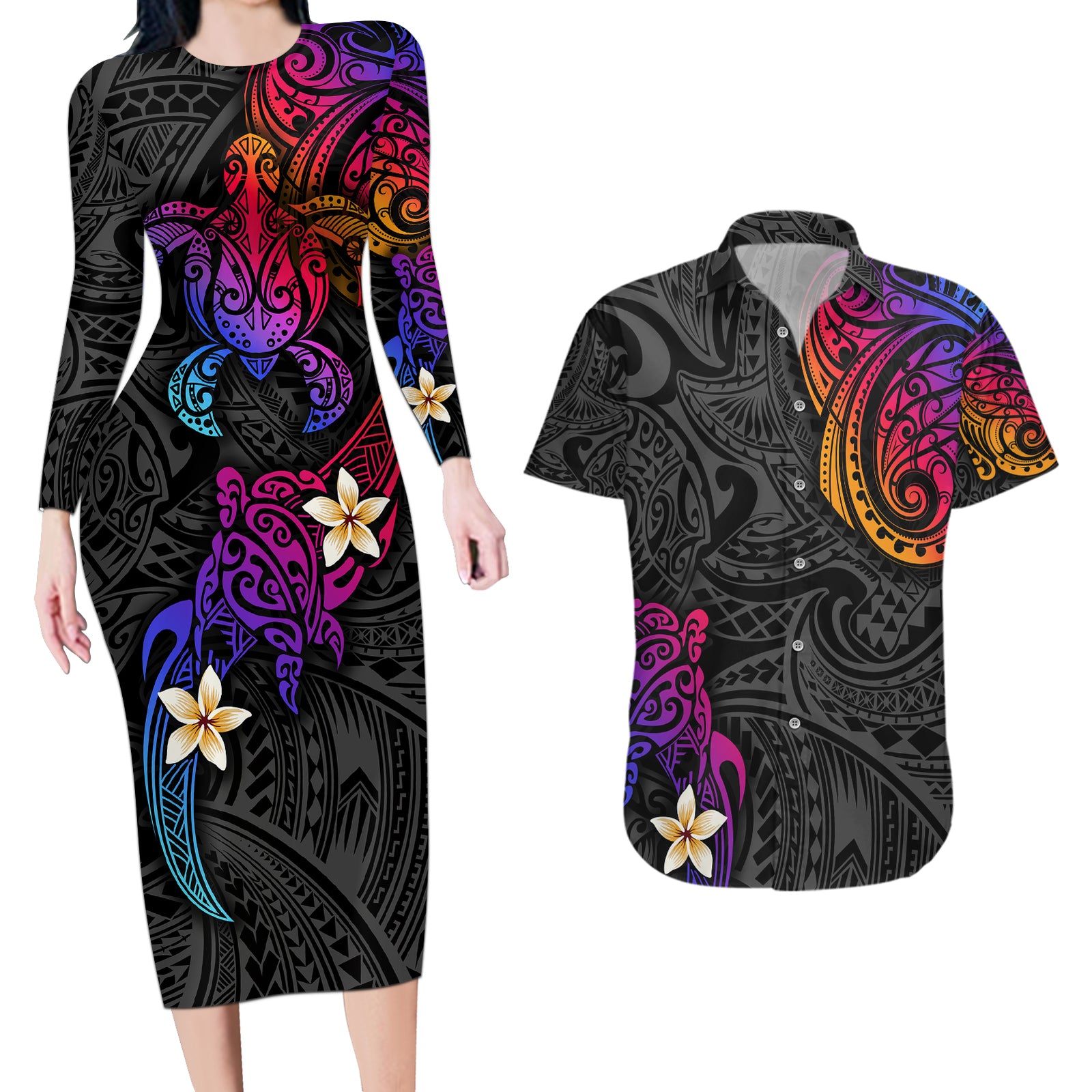 Turtle and Plumeria - Polynesian Couples Matching Long Sleeve Bodycon Dress and Hawaiian Shirt TS04 Gradient - Polynesian Pride