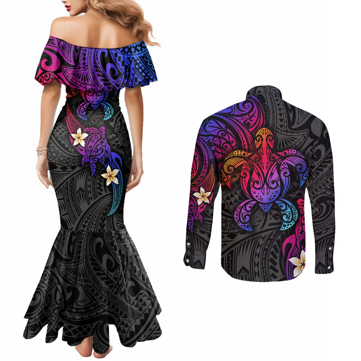Turtle and Plumeria - Polynesian Couples Matching Mermaid Dress and Long Sleeve Button Shirts TS04 - Polynesian Pride