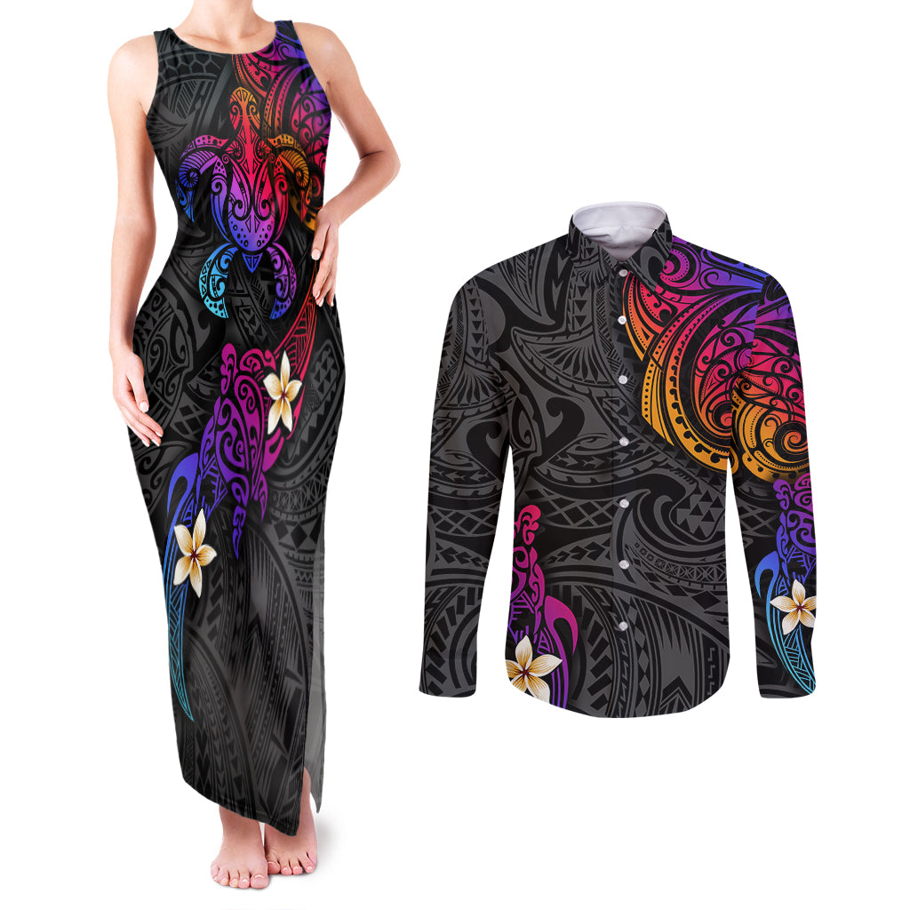 Turtle and Plumeria - Polynesian Couples Matching Tank Maxi Dress and Long Sleeve Button Shirts TS04 Gradient - Polynesian Pride