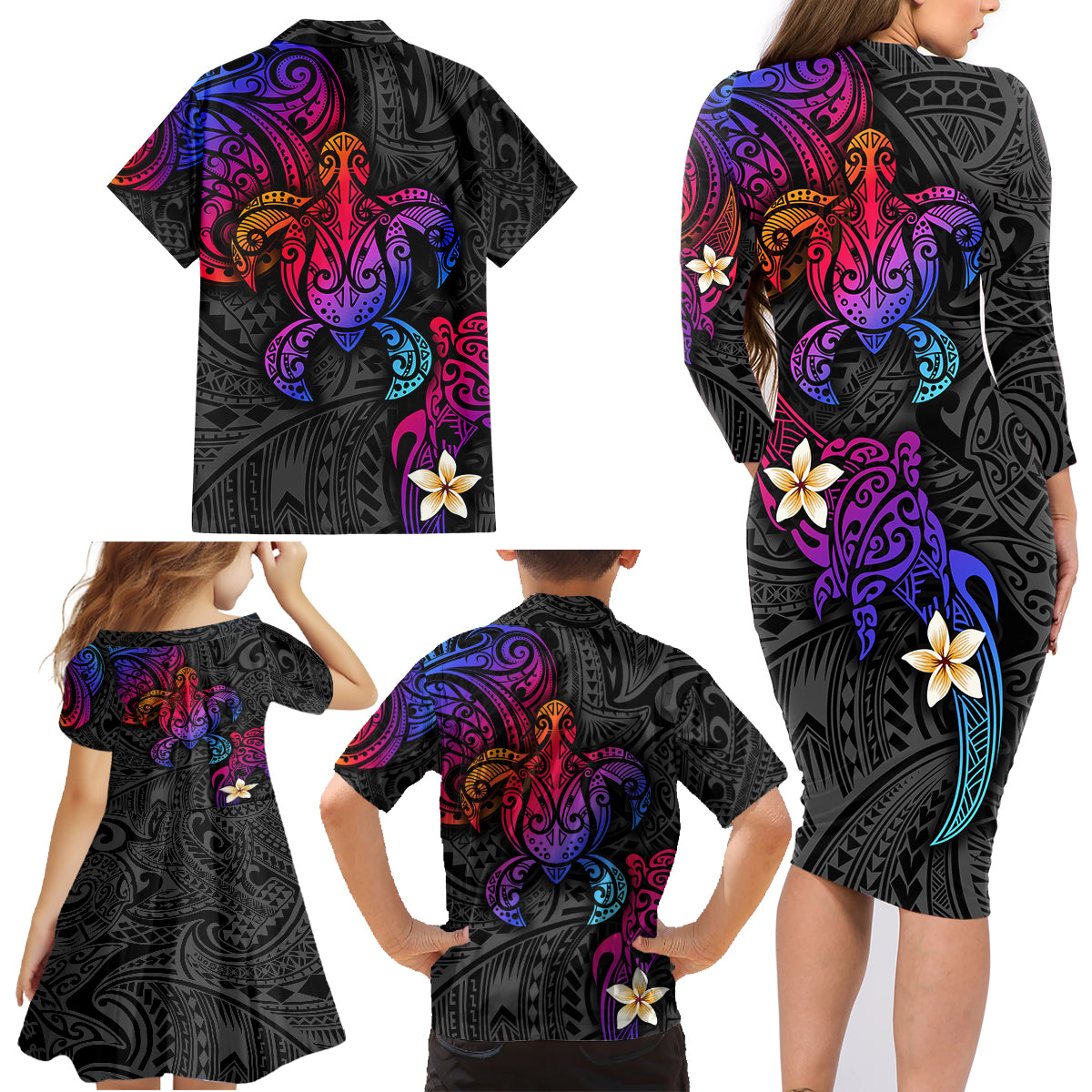 Turtle and Plumeria - Polynesian Family Matching Long Sleeve Bodycon Dress and Hawaiian Shirt TS04 - Polynesian Pride