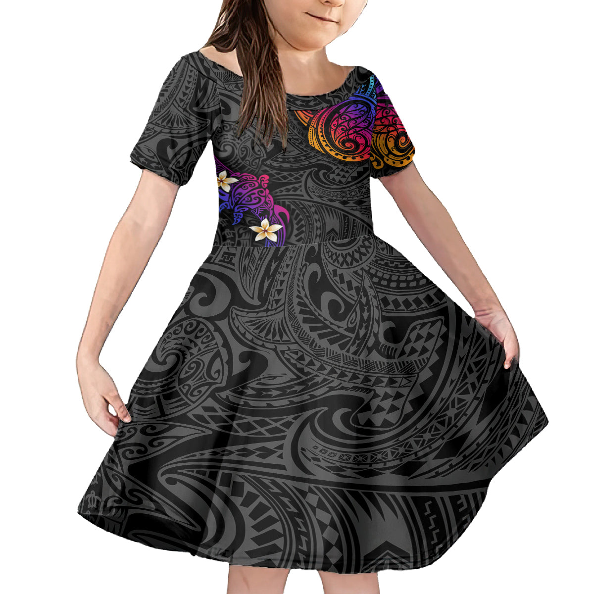 Turtle and Plumeria - Polynesian Kid Short Sleeve Dress TS04 KID Gradient - Polynesian Pride