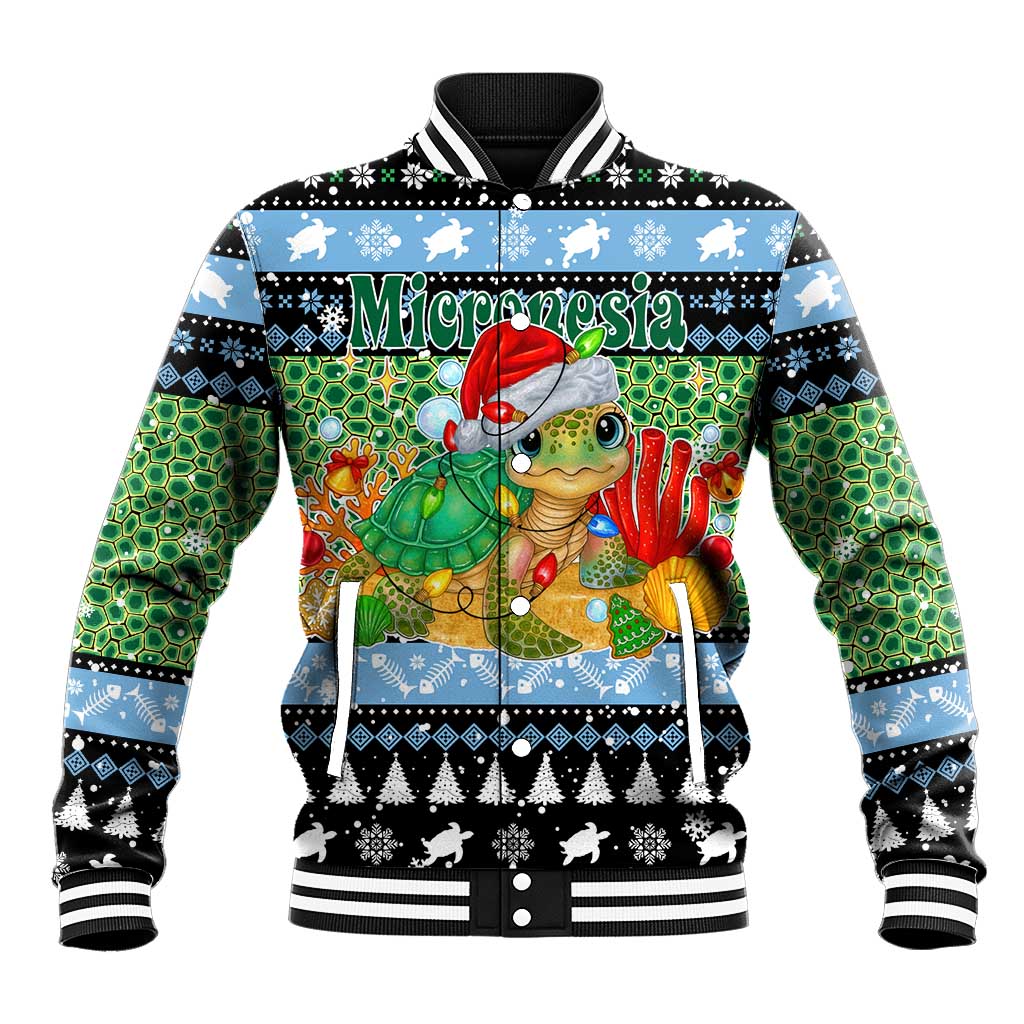 Micronesia Christmas Baseball Jacket with Santa Turtle Coral Reef and Holiday Ocean Pattern - Polynesian Pride