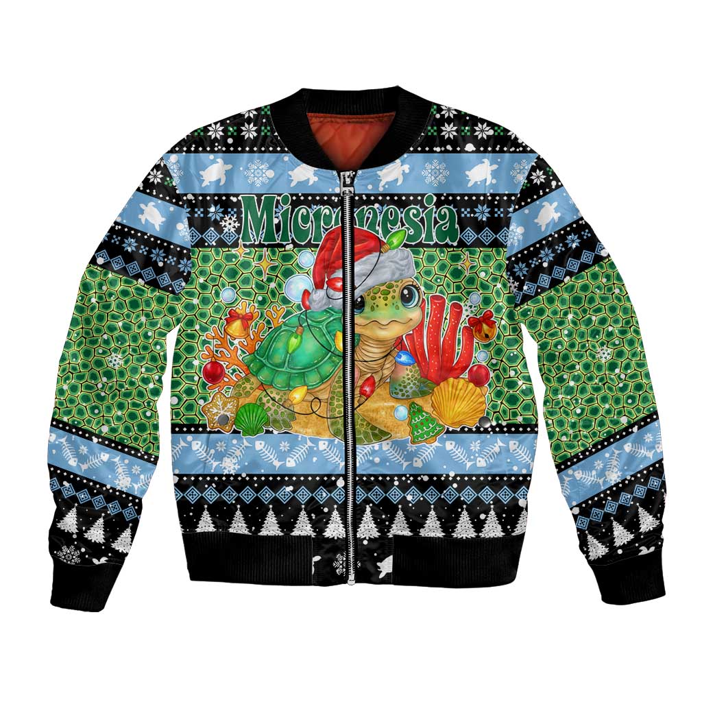 Micronesia Christmas Bomber Jacket with Santa Turtle Coral Reef and Holiday Ocean Pattern - Polynesian Pride