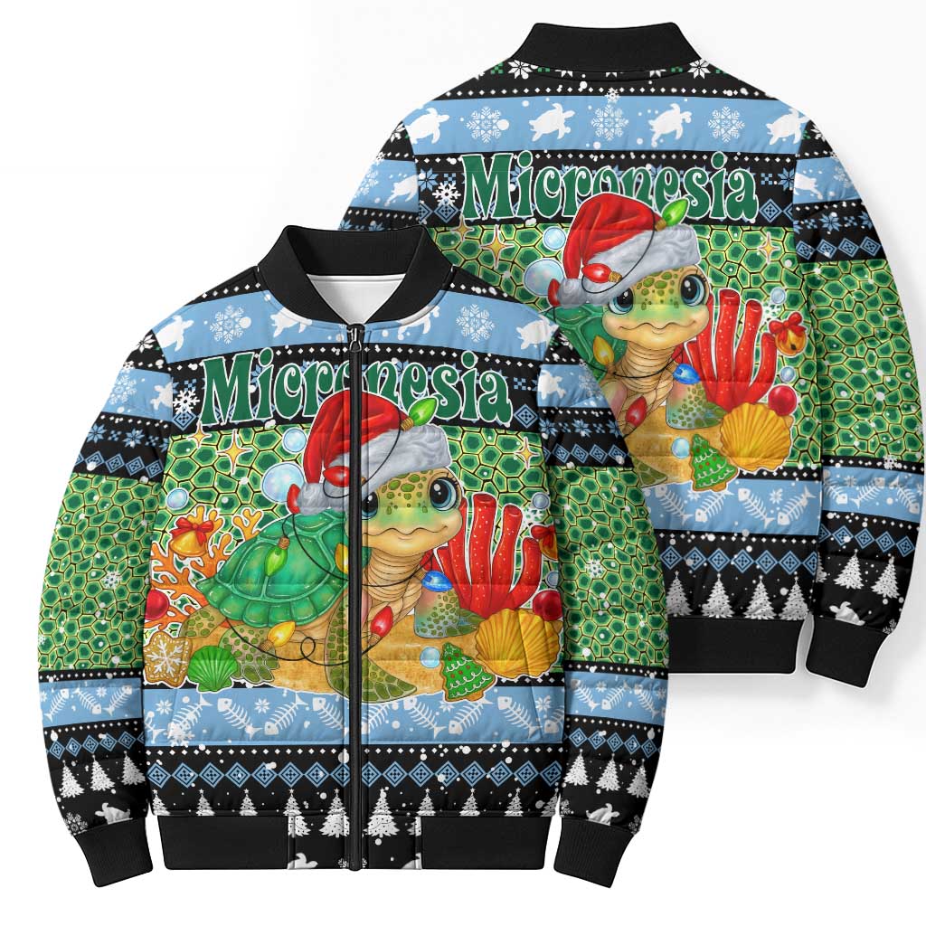 Micronesia Christmas Bomber Puffer Jacket with Santa Turtle Coral Reef and Holiday Ocean Pattern - Polynesian Pride