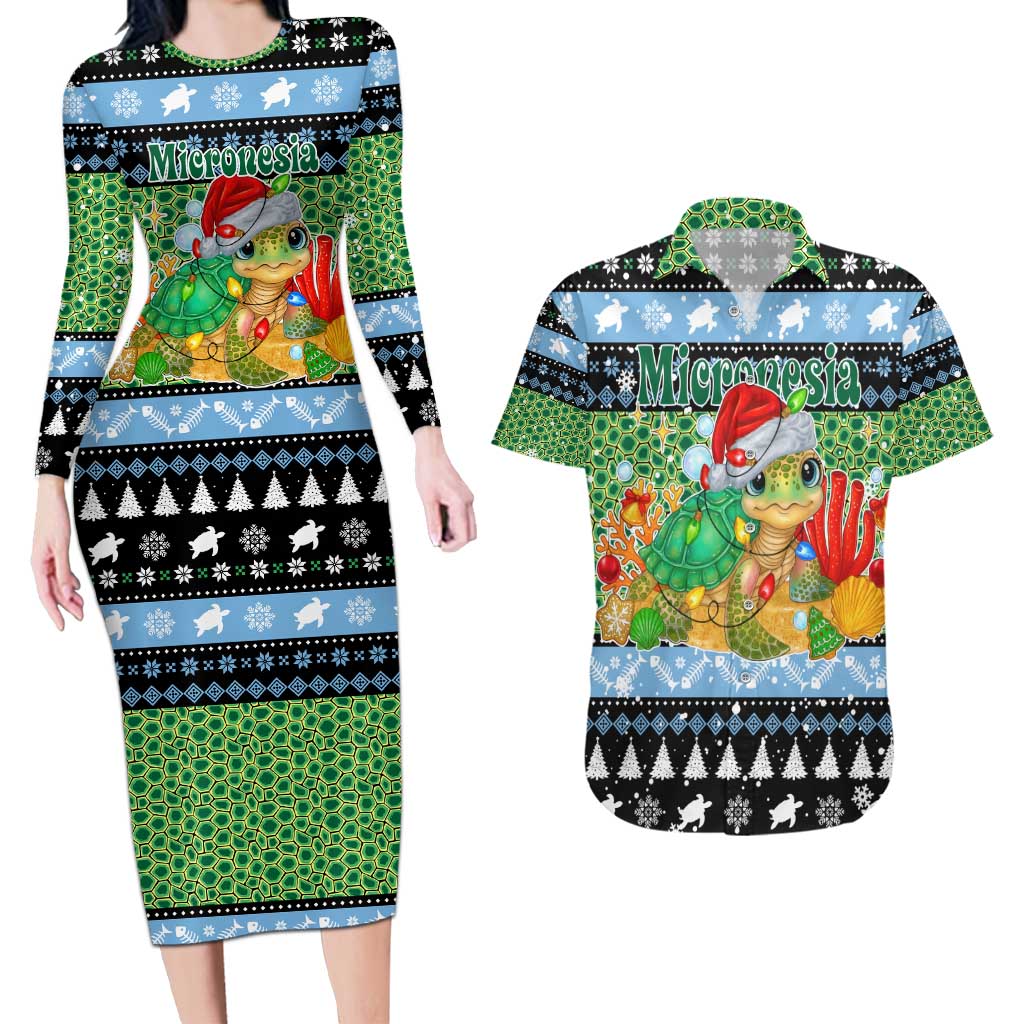 Micronesia Christmas Couples Matching Long Sleeve Bodycon Dress and Hawaiian Shirt with Santa Turtle Coral Reef and Holiday Ocean Pattern - Polynesian Pride