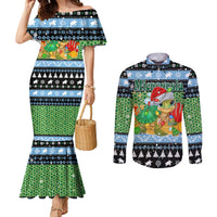 Micronesia Christmas Couples Matching Mermaid Dress and Long Sleeve Button Shirt with Santa Turtle Coral Reef and Holiday Ocean Pattern - Polynesian Pride