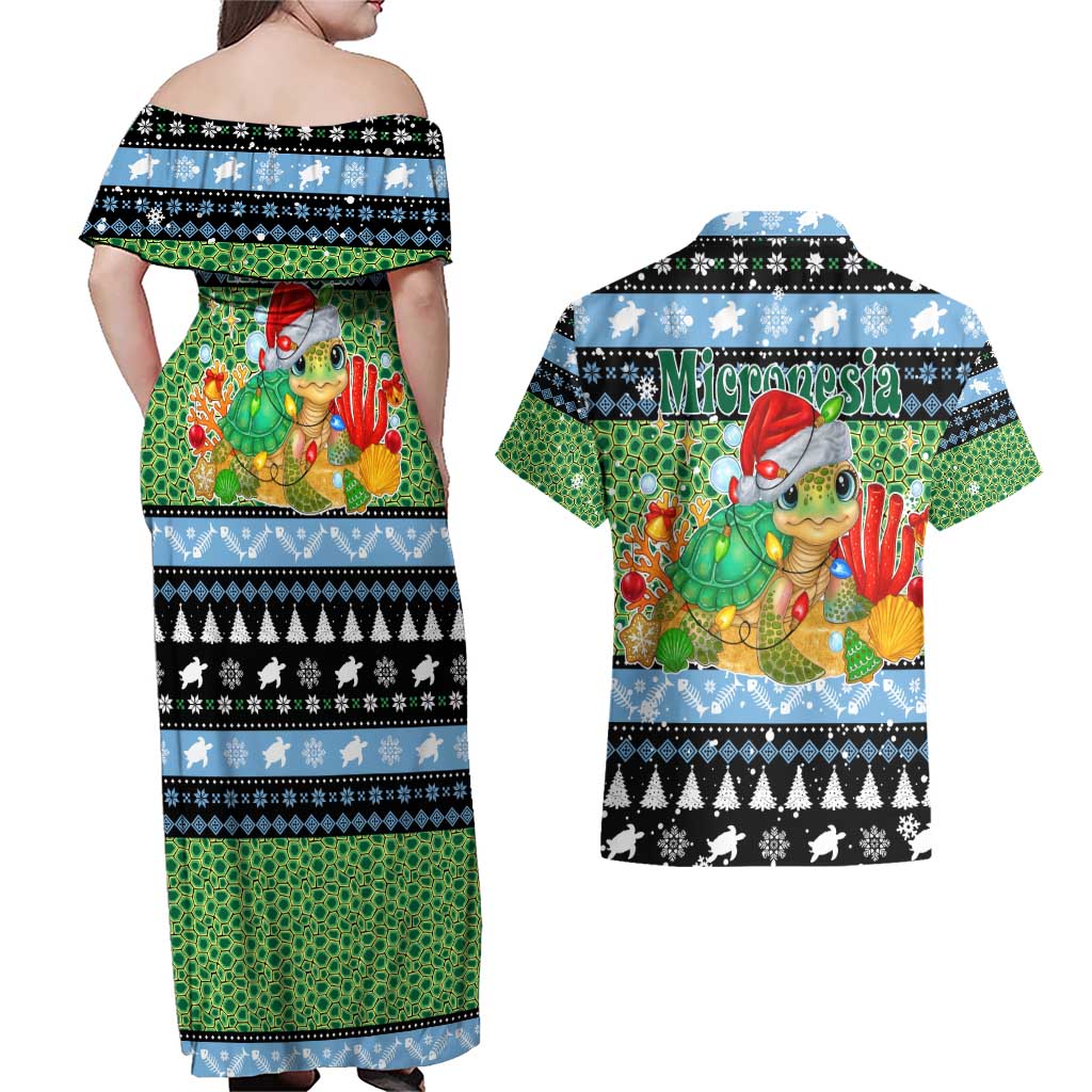 Micronesia Christmas Couples Matching Off Shoulder Maxi Dress and Hawaiian Shirt with Santa Turtle Coral Reef and Holiday Ocean Pattern - Polynesian Pride