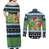 Micronesia Christmas Couples Matching Off Shoulder Maxi Dress and Long Sleeve Button Shirt with Santa Turtle Coral Reef and Holiday Ocean Pattern - Polynesian Pride