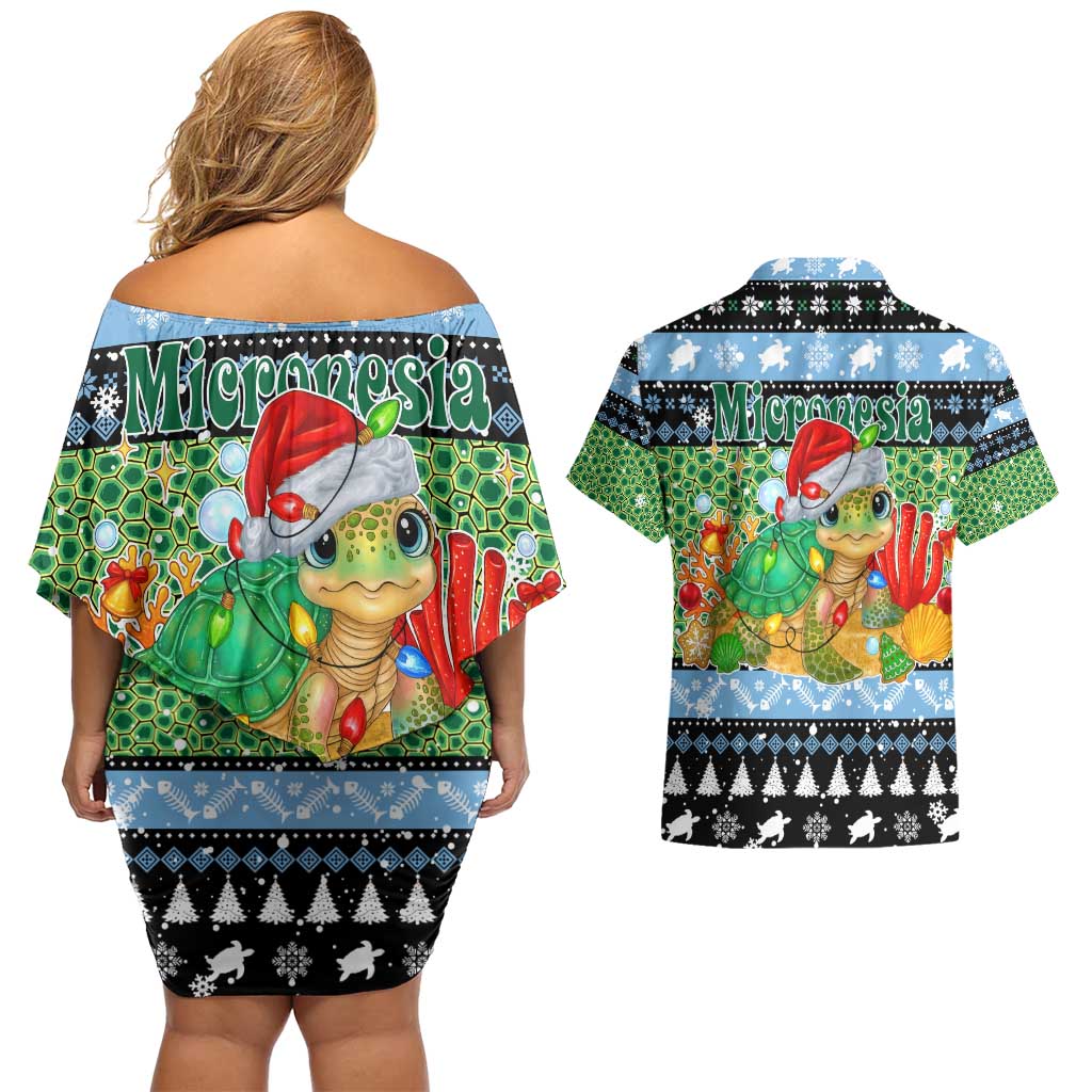 Micronesia Christmas Couples Matching Off Shoulder Short Dress and Hawaiian Shirt with Santa Turtle Coral Reef and Holiday Ocean Pattern - Polynesian Pride