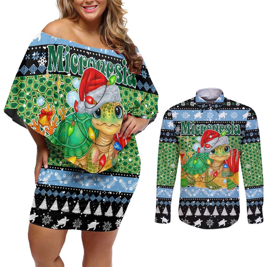 Micronesia Christmas Couples Matching Off Shoulder Short Dress and Long Sleeve Button Shirt with Santa Turtle Coral Reef and Holiday Ocean Pattern - Polynesian Pride
