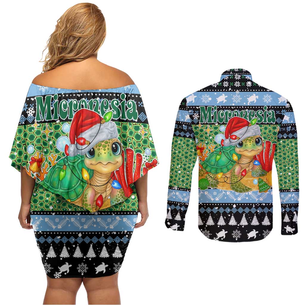Micronesia Christmas Couples Matching Off Shoulder Short Dress and Long Sleeve Button Shirt with Santa Turtle Coral Reef and Holiday Ocean Pattern - Polynesian Pride