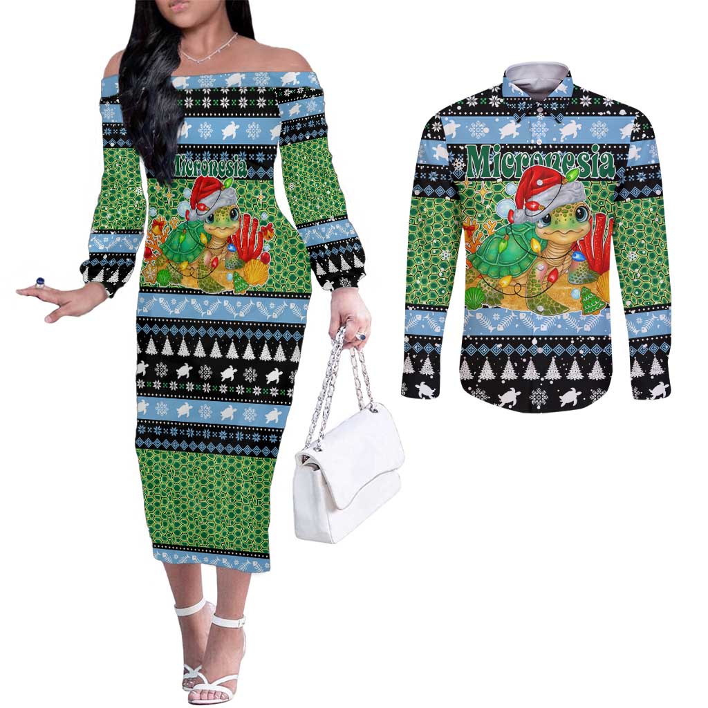 Micronesia Christmas Couples Matching Off The Shoulder Long Sleeve Dress and Long Sleeve Button Shirt with Santa Turtle Coral Reef and Holiday Ocean Pattern - Polynesian Pride