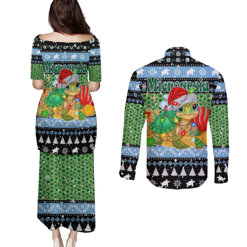 Micronesia Christmas Couples Matching Puletasi and Long Sleeve Button Shirt with Santa Turtle Coral Reef and Holiday Ocean Pattern - Polynesian Pride