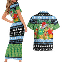 Micronesia Christmas Couples Matching Short Sleeve Bodycon Dress and Hawaiian Shirt with Santa Turtle Coral Reef and Holiday Ocean Pattern - Polynesian Pride