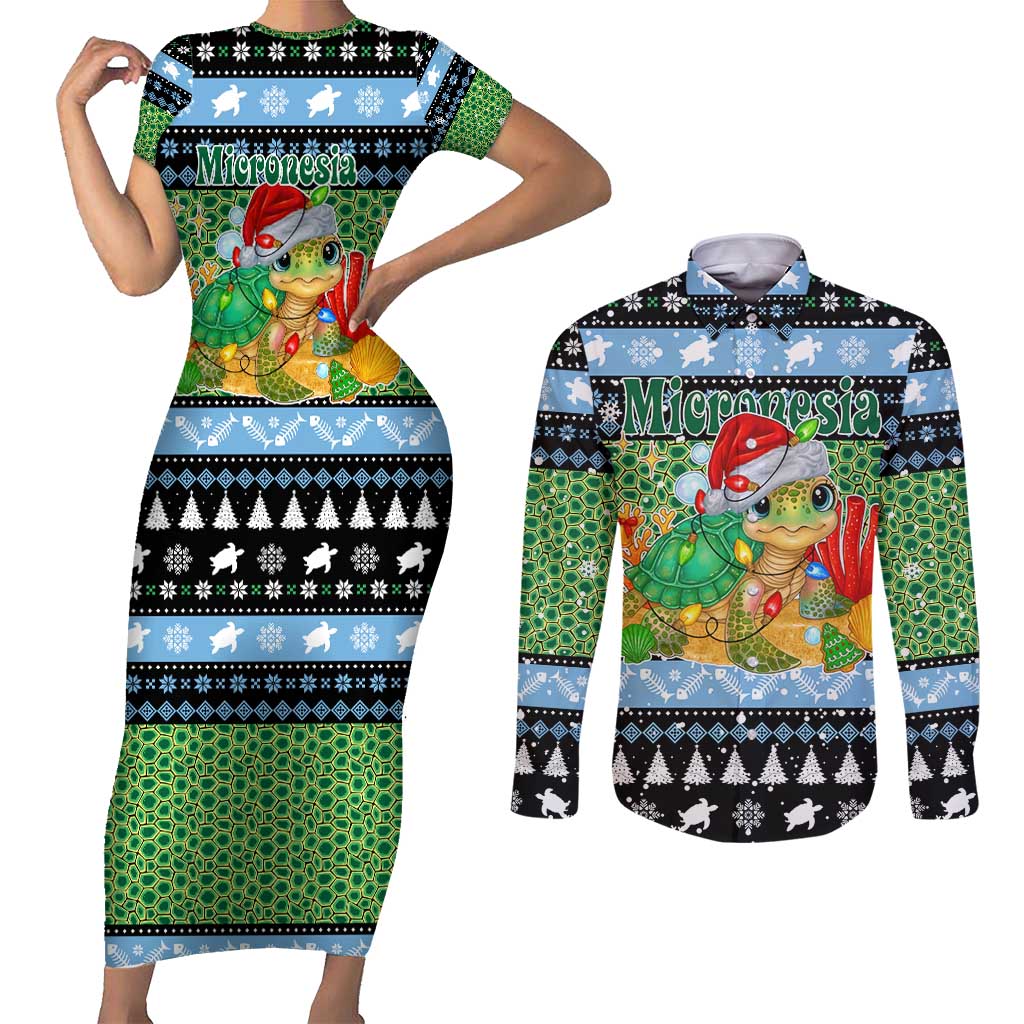 Micronesia Christmas Couples Matching Short Sleeve Bodycon Dress and Long Sleeve Button Shirt with Santa Turtle Coral Reef and Holiday Ocean Pattern - Polynesian Pride