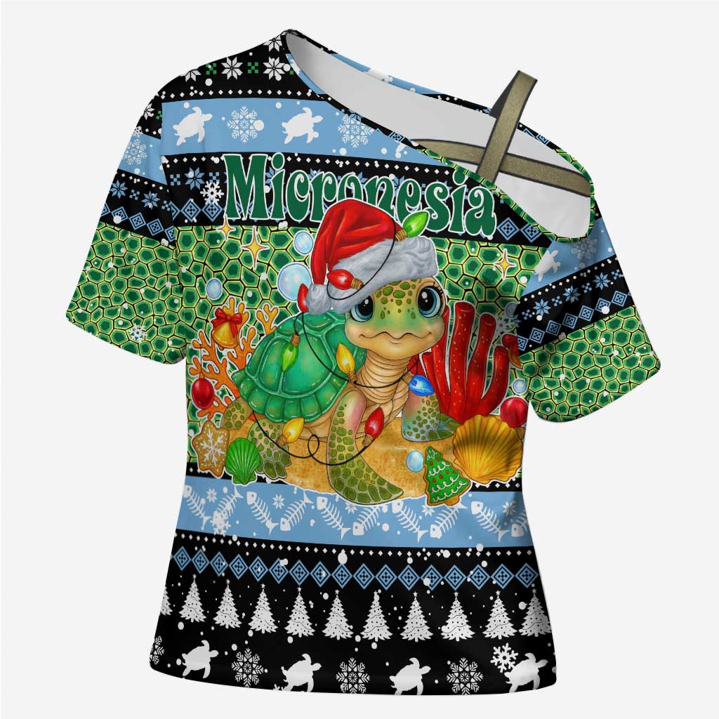 Micronesia Christmas Cross Shoulder Shirt with Santa Turtle Coral Reef and Holiday Ocean Pattern - Polynesian Pride
