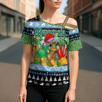 Micronesia Christmas Cross Shoulder Shirt with Santa Turtle Coral Reef and Holiday Ocean Pattern - Polynesian Pride