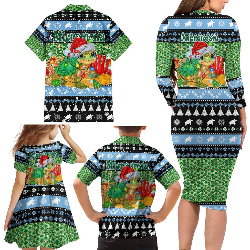 Micronesia Christmas Family Matching Long Sleeve Bodycon Dress and Hawaiian Shirt with Santa Turtle Coral Reef and Holiday Ocean Pattern - Polynesian Pride