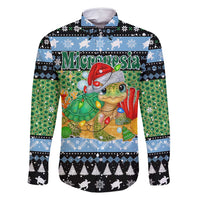 Micronesia Christmas Family Matching Long Sleeve Bodycon Dress and Hawaiian Shirt with Santa Turtle Coral Reef and Holiday Ocean Pattern - Polynesian Pride