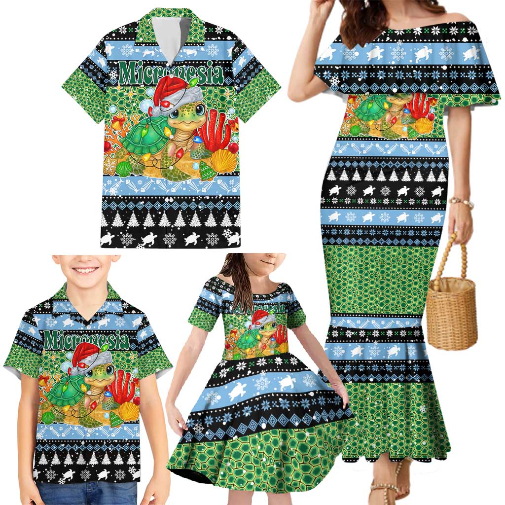Micronesia Christmas Family Matching Mermaid Dress and Hawaiian Shirt with Santa Turtle Coral Reef and Holiday Ocean Pattern - Polynesian Pride