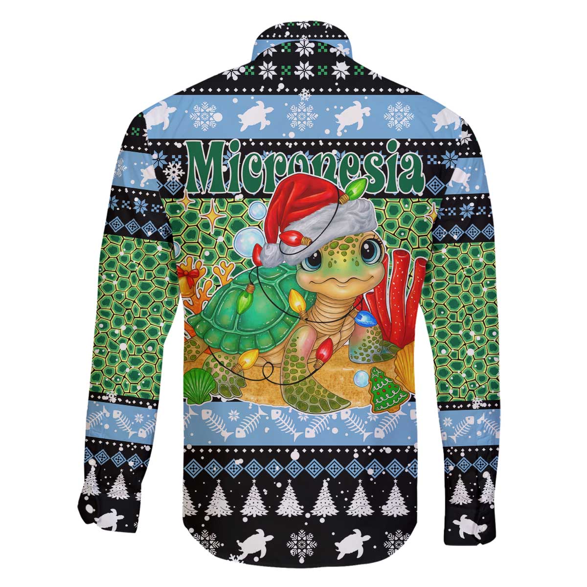 Micronesia Christmas Family Matching Off The Shoulder Long Sleeve Dress and Hawaiian Shirt with Santa Turtle Coral Reef and Holiday Ocean Pattern - Polynesian Pride