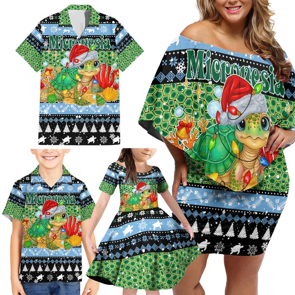 Micronesia Christmas Family Matching Off Shoulder Short Dress and Hawaiian Shirt with Santa Turtle Coral Reef and Holiday Ocean Pattern - Polynesian Pride