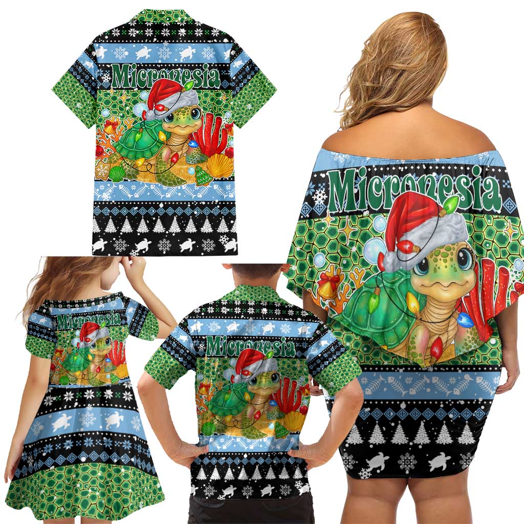 Micronesia Christmas Family Matching Off Shoulder Short Dress and Hawaiian Shirt with Santa Turtle Coral Reef and Holiday Ocean Pattern - Polynesian Pride