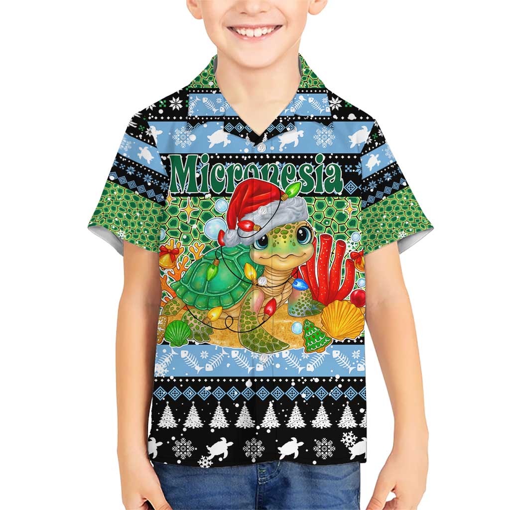 Micronesia Christmas Kid Hawaiian Shirt with Santa Turtle Coral Reef and Holiday Ocean Pattern - Polynesian Pride