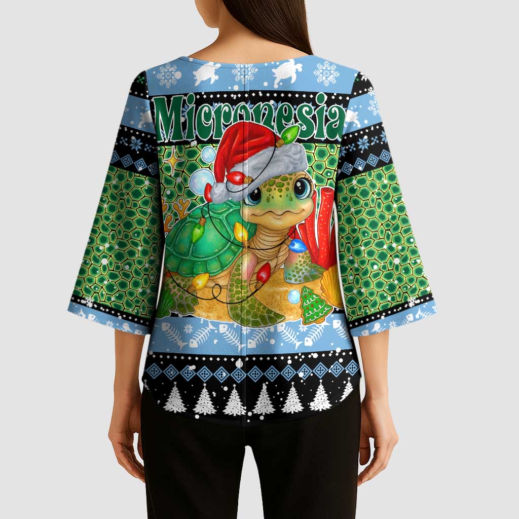 Micronesia Christmas Kimono Sleeve Blouse with Santa Turtle Coral Reef and Holiday Ocean Pattern - Polynesian Pride