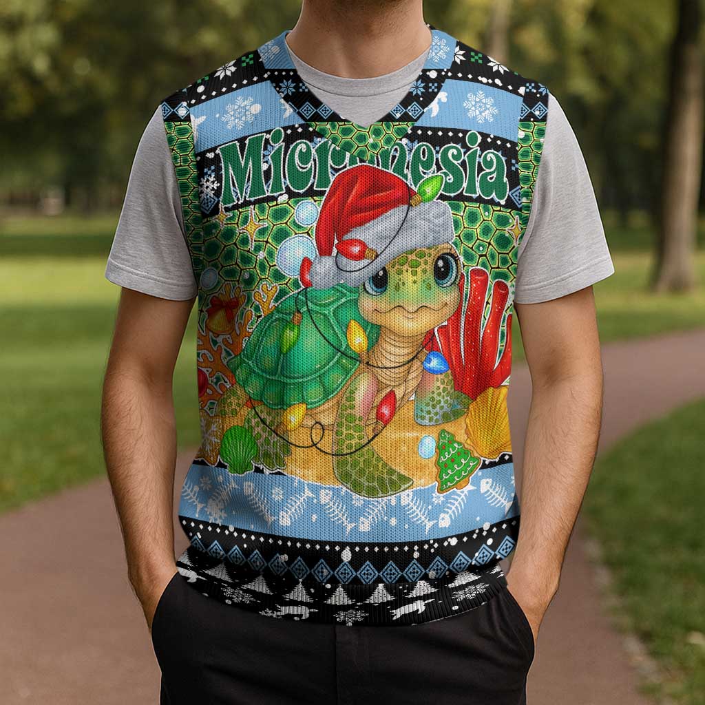 Micronesia Christmas Knitted V-Neck Vest with Santa Turtle Coral Reef and Holiday Ocean Pattern - Polynesian Pride