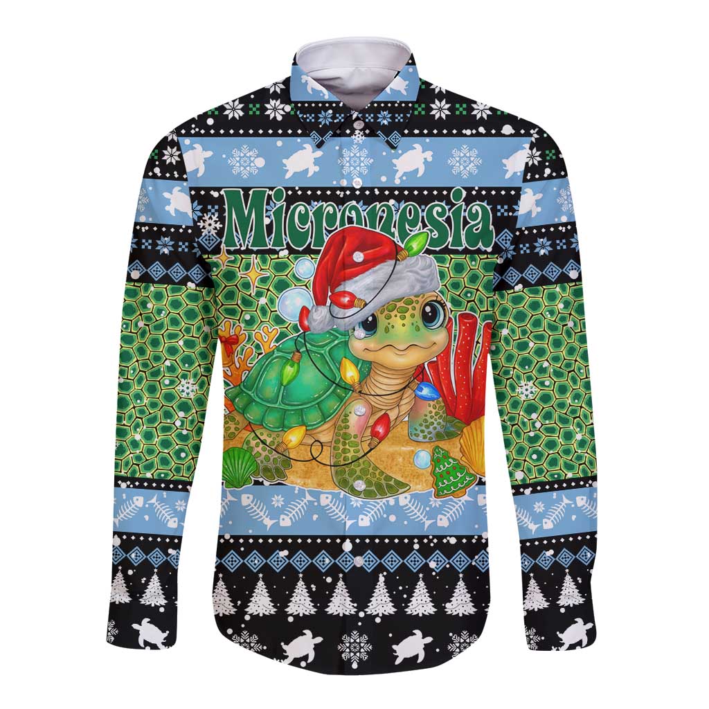 Micronesia Christmas Long Sleeve Button Shirt with Santa Turtle Coral Reef and Holiday Ocean Pattern - Polynesian Pride