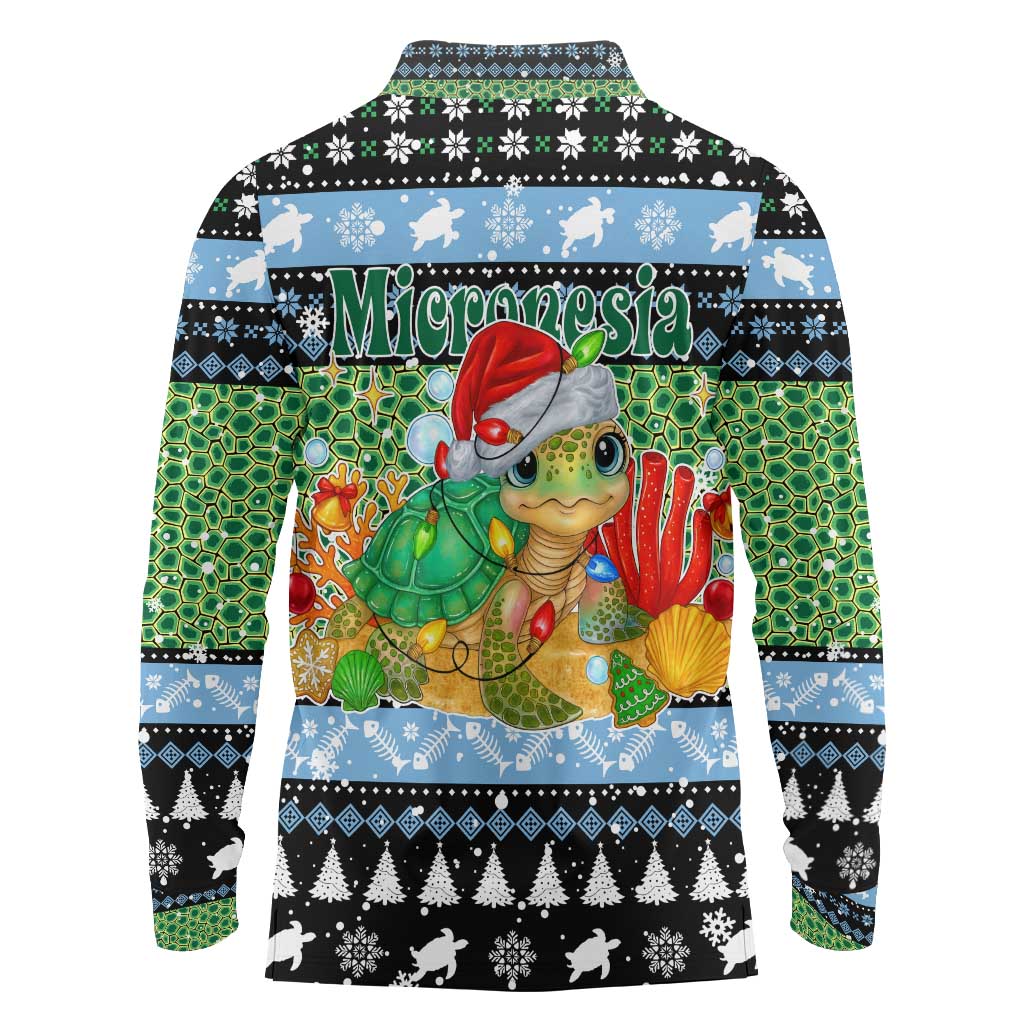 Micronesia Christmas Long Sleeve Polo Shirt with Santa Turtle Coral Reef and Holiday Ocean Pattern - Polynesian Pride