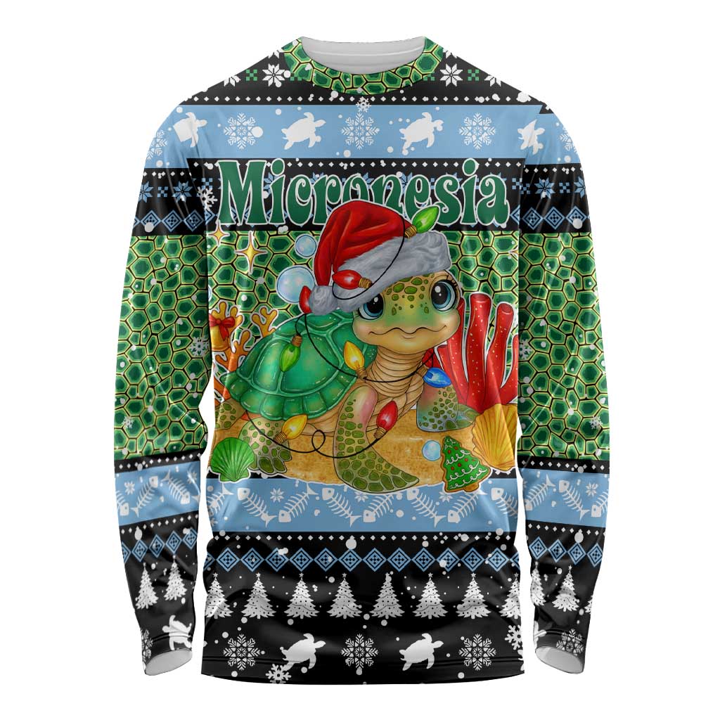 Micronesia Christmas Long Sleeve Shirt with Santa Turtle Coral Reef and Holiday Ocean Pattern - Polynesian Pride