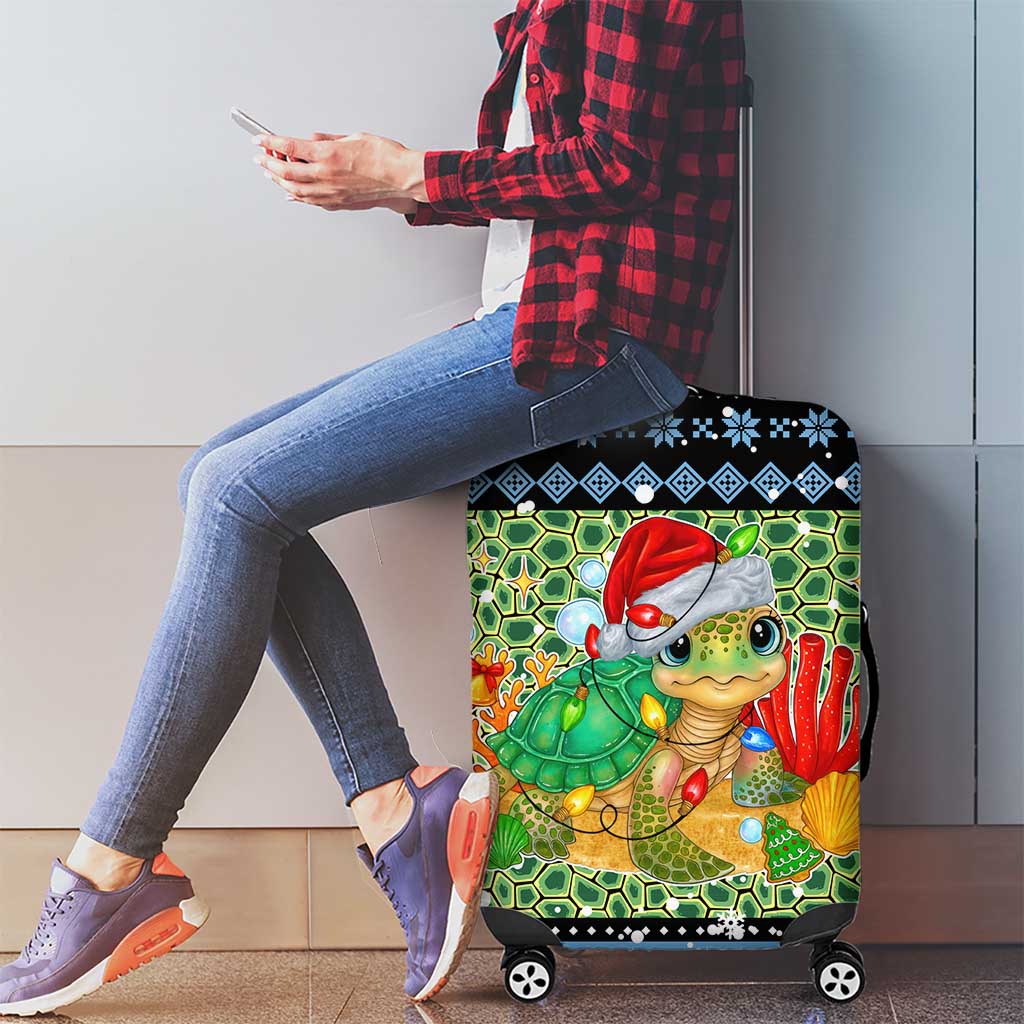 Micronesia Christmas Luggage Cover with Santa Turtle Coral Reef and Holiday Ocean Pattern - Polynesian Pride