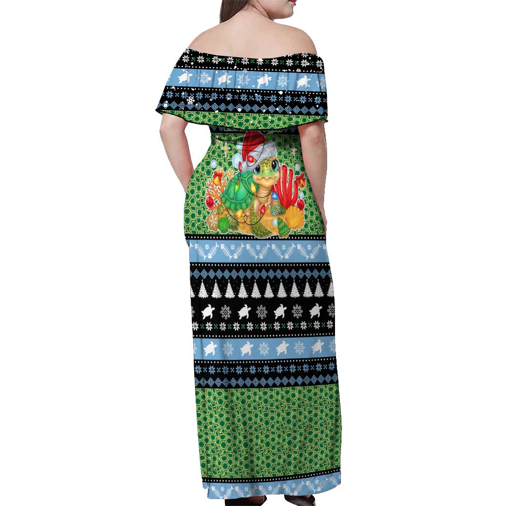 Micronesia Christmas Off Shoulder Maxi Dress with Santa Turtle Coral Reef and Holiday Ocean Pattern - Polynesian Pride