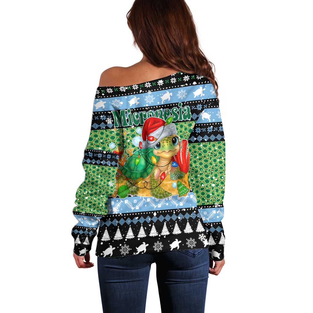 Micronesia Christmas Off Shoulder Sweater with Santa Turtle Coral Reef and Holiday Ocean Pattern - Polynesian Pride