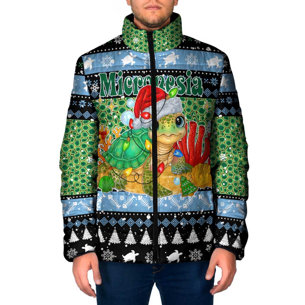 Micronesia Christmas Padded Jacket with Santa Turtle Coral Reef and Holiday Ocean Pattern - Polynesian Pride