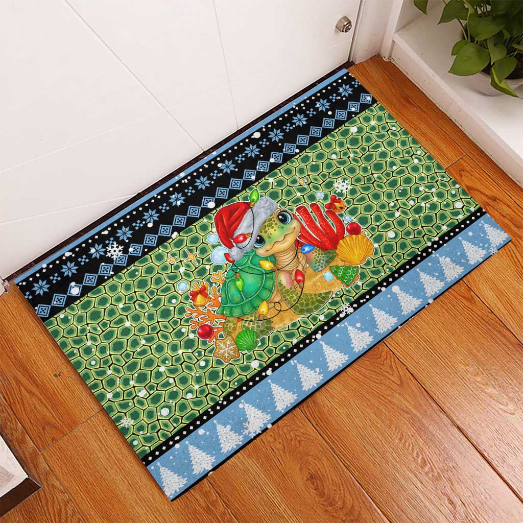 Micronesia Christmas Rubber Doormat with Santa Turtle Coral Reef and Holiday Ocean Pattern - Polynesian Pride