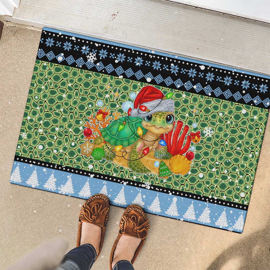 Micronesia Christmas Rubber Doormat with Santa Turtle Coral Reef and Holiday Ocean Pattern - Polynesian Pride